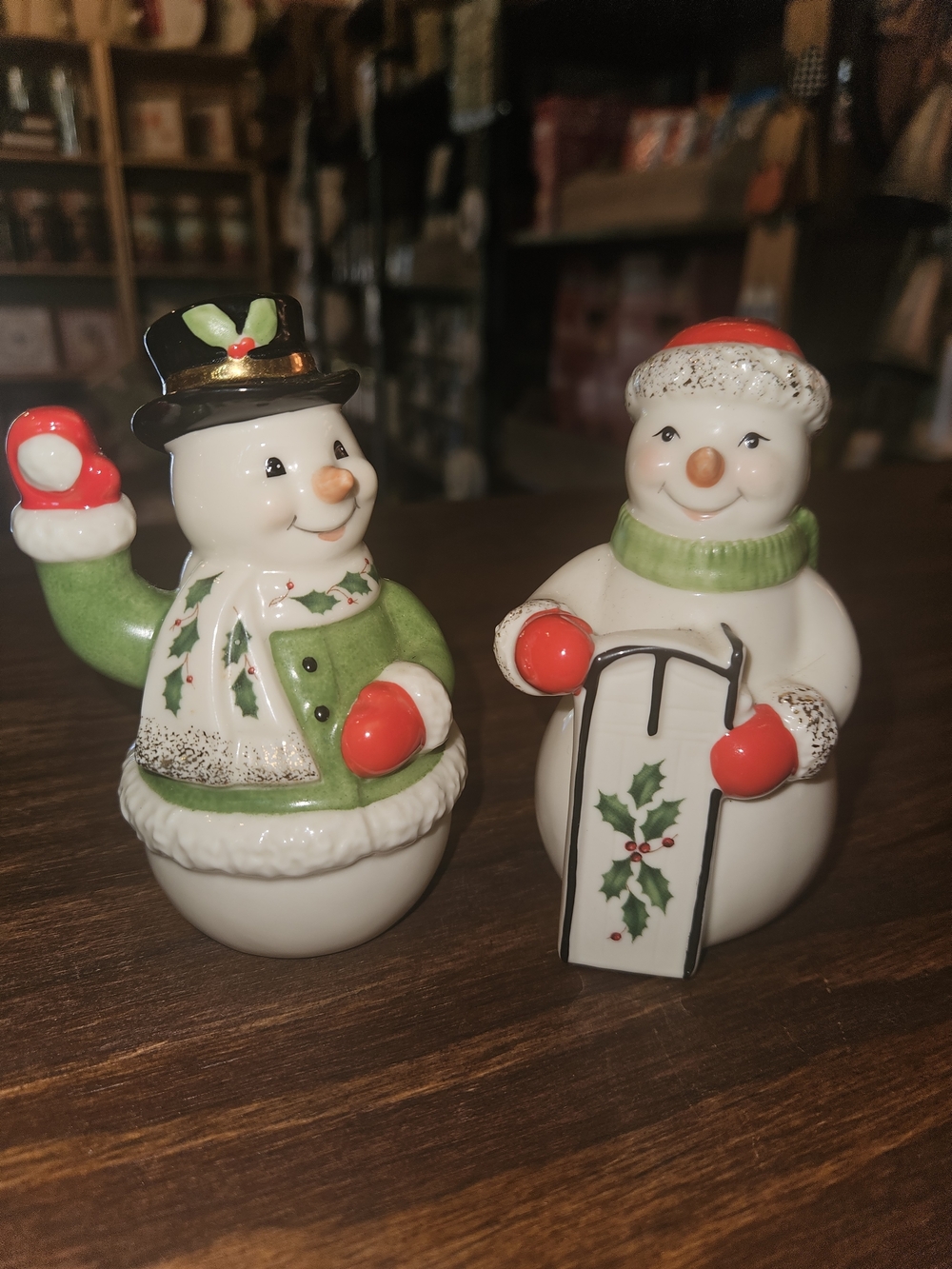 LENOX Holiday Snowman Ceramic Salt and Pepper Shakers - Green and White